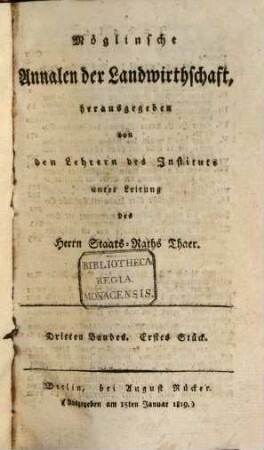 Möglinsche Annalen der Landwirthschaft. 3, 1. 1819