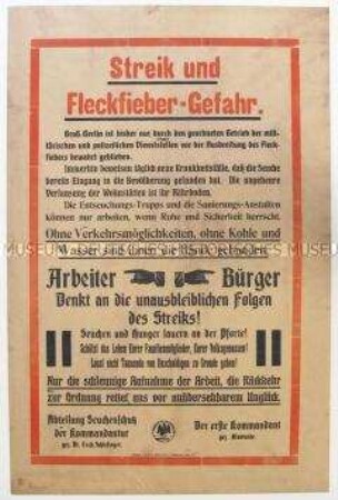 Maueranschlag mit der Warnung vor Seuchen und Hunger durch Streikmaßnahmen in Berliner Betrieben