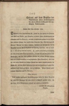 Extract aus dem Register der Resolutionen Ihrer Hochmögenden der Herrn General-Staaten der vereinigten Niederlanden.