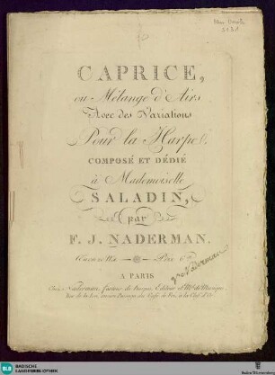 Caprice, ou mélange d'airs avec des variations : pour la harpe; oeuvre 20 No. 1