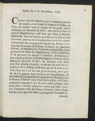 Berlin du 2 de Decembre, 1745