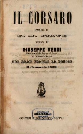 Il corsaro : da rappresentarsi nel Gran Teatro La Fenice il carnovale 1853