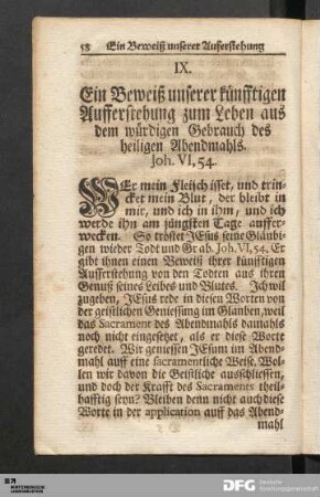 IX. Ein Beweiß unserer künfftigen Aufferstehung zum Leben aus dem würdigen Gebrauch des heiligen Abendmahls.