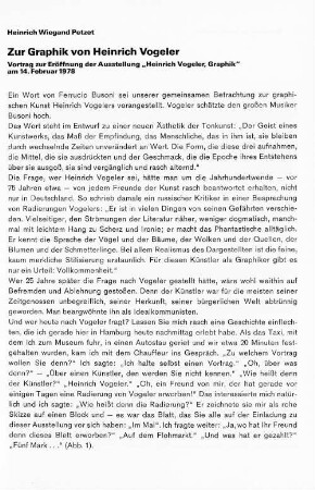 Zur Graphik von Heinrich Vogeler : Vortrag zur Eröffnung der Ausstellung "Heinrich Vogeler, Graphik" am 14. Februar 1978