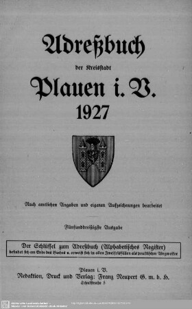 35.1927: Adreßbuch der Kreisstadt Plauen i. V. : nach amtlichen Angaben und eigenen Aufzeichnungen bearbeitet
