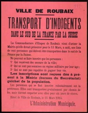 "Transport d'Indigents dans le sud de la France par la Suisse"