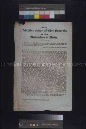 Satirisches Flugblatt: Aus dem Schreiben eines russischen Generals an einen Verwandten in Berlin. (Berlin, April 1848)
