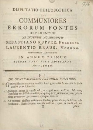 Disputatio philosophica qua communiores errorum fontes