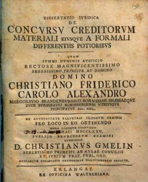 Diss. iur. de concursu creditorum materiali, eiusque a formali differentiis potioribus