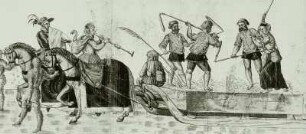 Schlitten mit dreschenden Bauern, geführt von zwei Laubmasken, Blatt 52 : Contrafactur des Ringrennens unter Kurfürst August zur Fastnacht am 23.02.1574 im kurfürstlichen Schlosse zu Dresden. Blatt 52 S. 57, Doppelbild, rechte Seite: Schlitten mit dreschenden Bauern, gezogen von einem musizierenden Bauernpaar zu Pferd