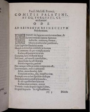 Pauli Melissi Franci, Comitis Palatini, Et Eq. Torquati, Civis Romani Ode Ad Reinerum Reineccium Steinhemium