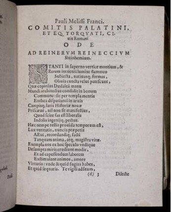 Pauli Melissi Franci, Comitis Palatini, Et Eq. Torquati, Civis Romani Ode Ad Reinerum Reineccium Steinhemium