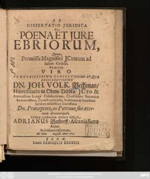 Dissertatio Iuridica De Poena Et Iure Ebriorum