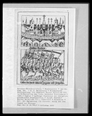 Die Romfahrt Kaiser Heinrichs VII. im Bildercyclus des Codex Balduini Trevirensis — Belagerung von Florenz; Abzug aus dem Lager vor Florenz, Folio 29