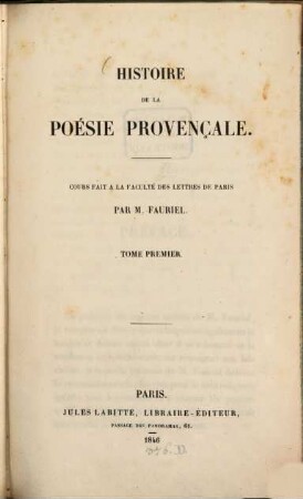 Histoire de la poésie provençale, 1