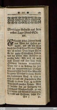 Montägige Andacht aus dem ersten Tage-Werck Gottes.