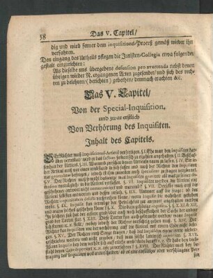 Das V. Capitel/ Von der Special-Inquisition. und zwar erstlich Von Verhörung des Inquisiten