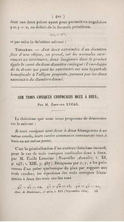 Sur trois coniques confocales deux a deux.