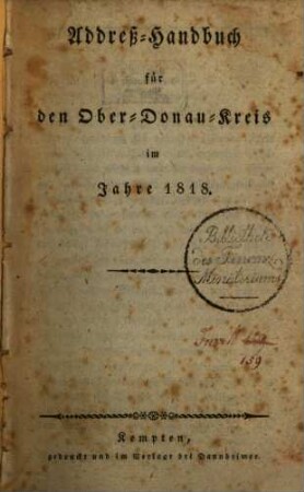 Addreß-Handbuch für den Ober-Donau-Kreis. 1818, 1818