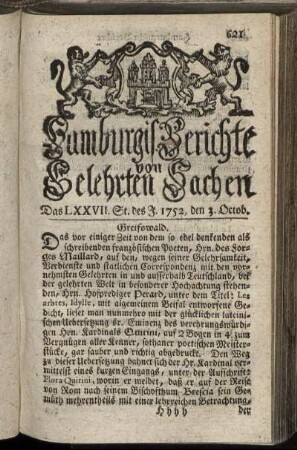 Das LXXVII. St. des J. 1752, den 3. Octob. - Das LXXXV. St. des J. 1752, den 31. Octob.