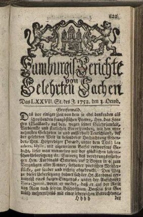 Das LXXVII. St. des J. 1752, den 3. Octob. - Das LXXXV. St. des J. 1752, den 31. Octob.