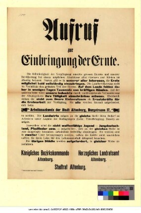 Originaltitel: Aufruf zur Einbringung der Ernte