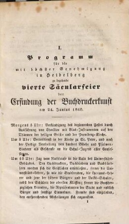 Zum Gedächtniß der vierten Säcularfeier der Erfindung der Buchdruckerkunst : zu Heidelberg am 24. Junius 1840