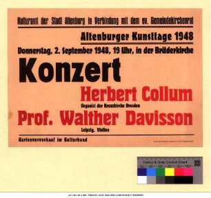 Originaltitel: Altenburger Kunsttage 1948 Konzert Herbert Collum, Organist der Kreuzkirche Dresden Prof. Walther Davisson, Leipzig, Violine
