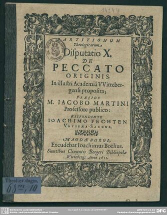 Partitionum Theologicarum, Disputatio X. De Peccato Originis