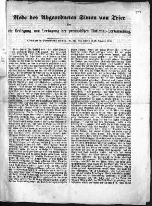 Rede des Abgeordneten Simon von Trier über die Verlegung und Vertagung der preussischen National-Versammlung. (Sammlung Friedlaender)