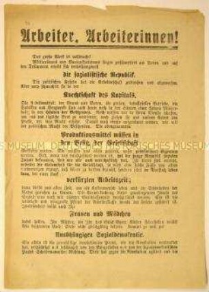 Programmatischer Beitrittsaufruf der Unabhängigen Sozialdemokratischen Partei an die Arbeiter - Aufruf zur Vereinigung "zu den sonnigen Höhen der Menschheitsbefreiung"