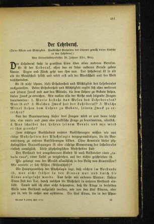 ¬Der¬ Lehrberuf : (seine Würde und Wichtigkeit ; praktisches Verhalten des Lehrers gemäß dieser Einsicht in den Lehrberuf)