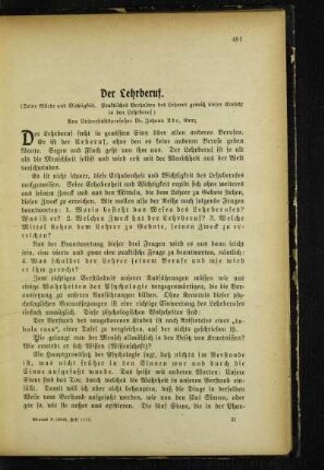 ¬Der¬ Lehrberuf : (seine Würde und Wichtigkeit ; praktisches Verhalten des Lehrers gemäß dieser Einsicht in den Lehrberuf)
