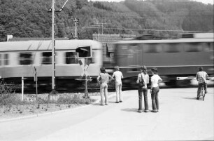 Gutach: Bahnübergang, Halbschranke, mit vorbeifahrendem Zug, zum Eingang Vogtsbauernhof