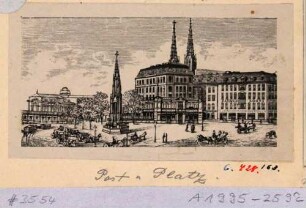 Der Postplatz in Dresden, Blick nach Nordosten, von links Zwinger, Cholerabrunnen, Stadtwaldschlösschen und Türme der Sophienkirche
