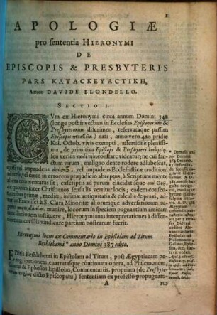 Apologia pro sententia Hieronymi De Episcopis Et Presbyteris
