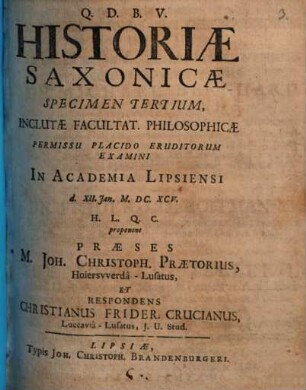 Historiae Saxonicae Specimen Tertium