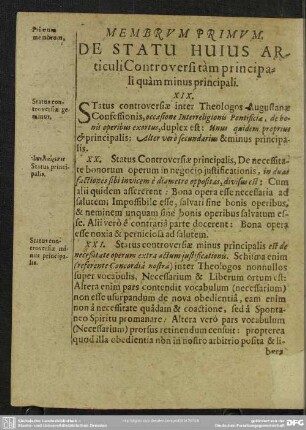 Membrum Primum. De Statu Huius Articuli Controversi tàm principali quàm minus principali