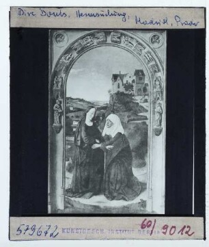Bouts (Dierick), Polyptychon, Leben der Jungfrau Maria (Madrid Prado P001461),Bouts (Dierick), Polyptichon, Leben der Jungfrau Maria: Heimsuchung (Madrid Prado P001461) : 2. Tafel von links, Die Heimsuchung