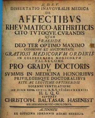 Dissertatio inavgvrale medica De affectibvs rhevmatico-arthriticis cito tvtoqve cvrandis