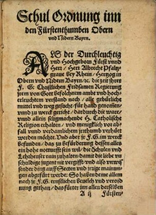 Schul Ordnung der Fürstenthumb Obern vnnd Nidern Bayerlands