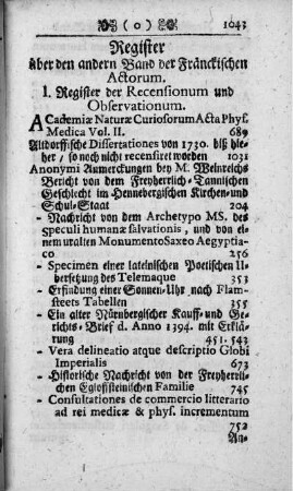 Register über den andern Band der Fränckischen Actorum. I. Register der Recensionum und Observationum.