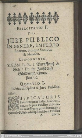 Exercitatio I. De Iure Publico, Imperio Romano, eiuque Statibus & Mebris