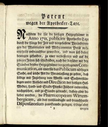 Patent wegen der Apothecker-Taxe.