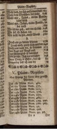 V. Psalm-Register/ oder Anzeige der Lieder über gewisse Psalmen.