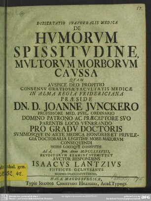 Dissertatio Inauguralis Medica De Humorum Spissitudine Multorum Morborum Caussa