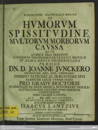 Dissertatio Inauguralis Medica De Humorum Spissitudine Multorum Morborum Caussa