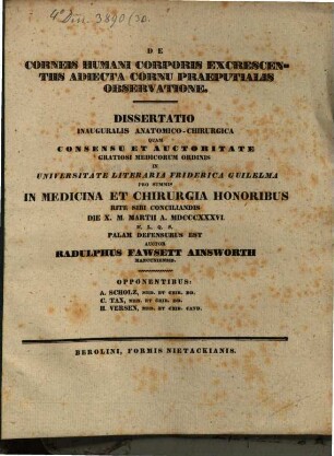 De corneis humani corporis excrescentiis, adiecta cornu praeputialis observatione : Dissertatio inauguralis anatomico-chirurgica
