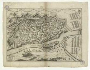 Ulm aus der Vogelschau mit Belagerung durch die kaiserlichen Truppen. 1704