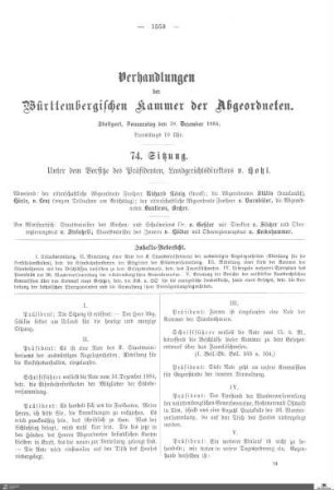 74. Sitzung, Stuttgart, 18.12.1884